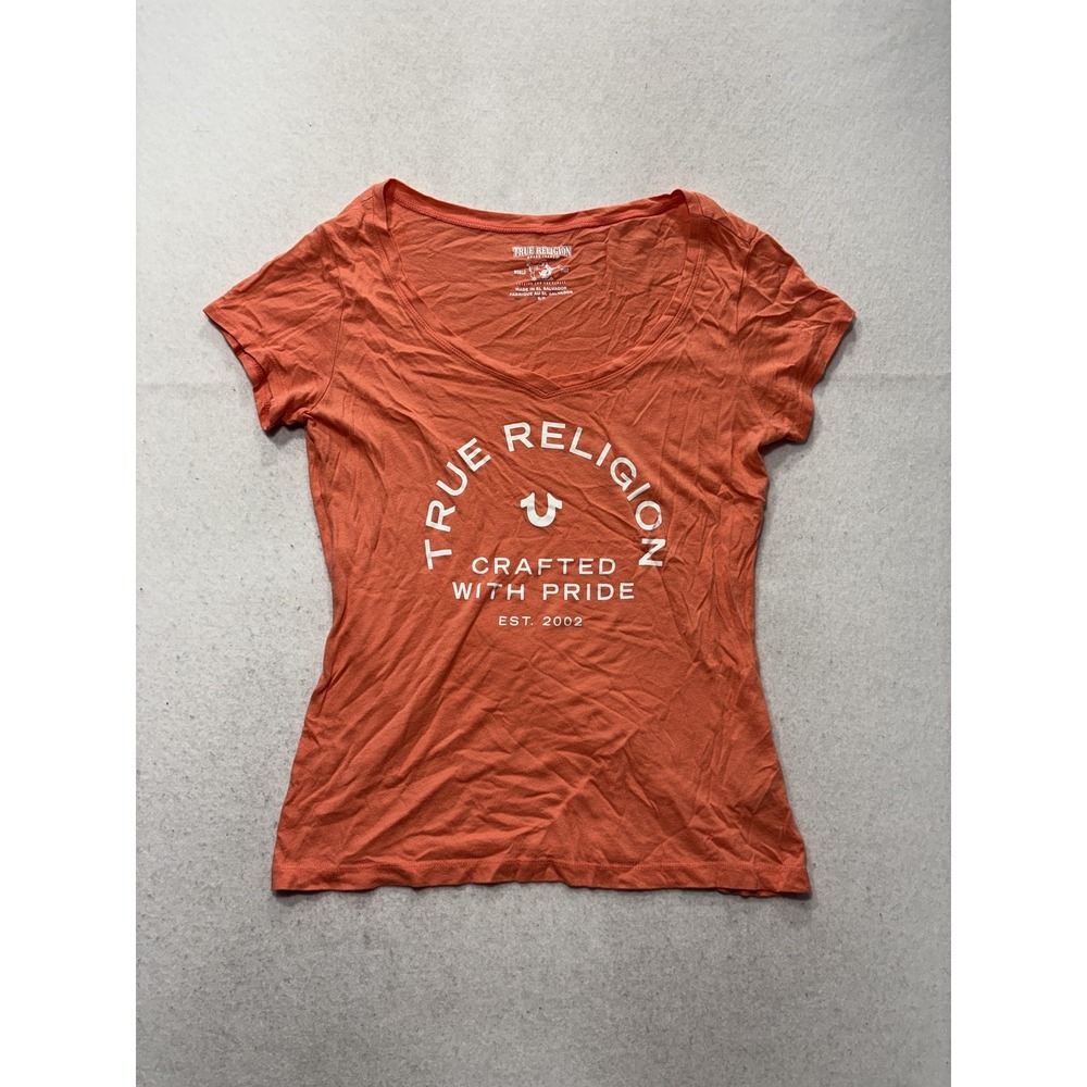 True Religion Shirt Womens Small Orange V Neck Crafted With Pride Graphic Tee